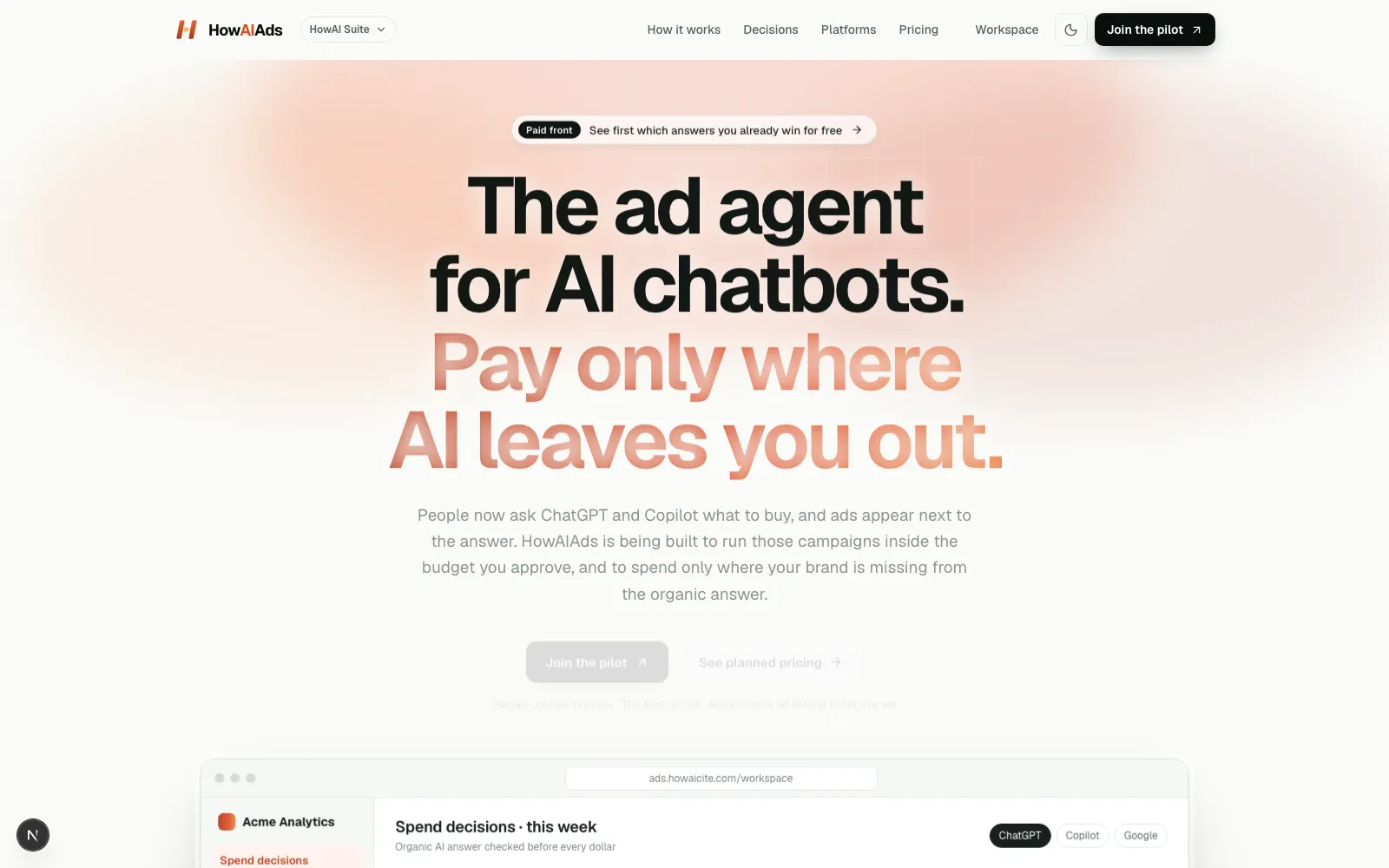HowAIAds — Pay only where the AI answer leaves you out.